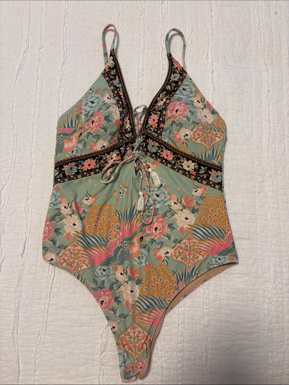 Spell Floral Lace-Up One-Piece Swimsuit in Mint, Pink & Gold